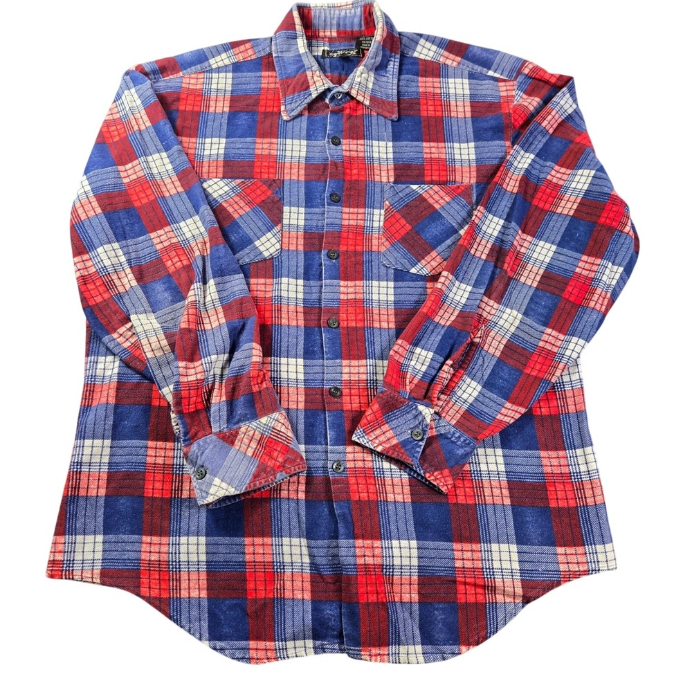 Envoy Mens Flannel Shirt Large Red Blue White Plaid Long Sleeve Cotton Button Up